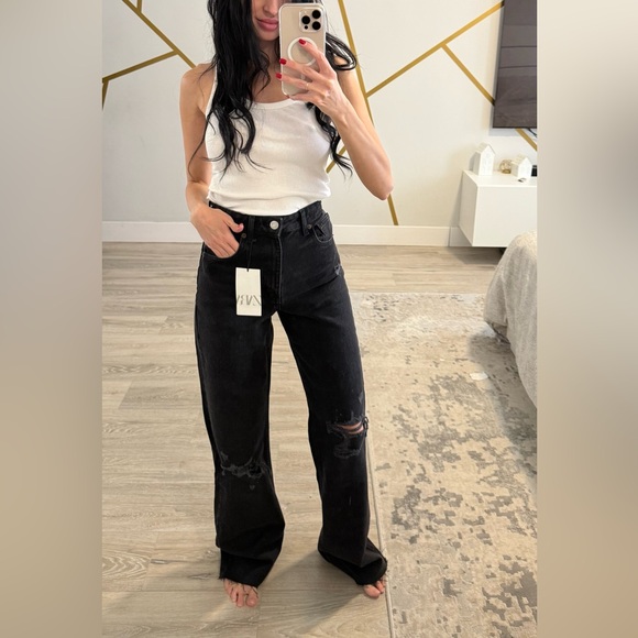 ZARA ripped wide leg jeans black distressed NWT Blogger favorite - Picture 10 of 10